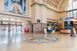Wellington Railway Station classical architectural style concourse with granite floor and inlaid compas